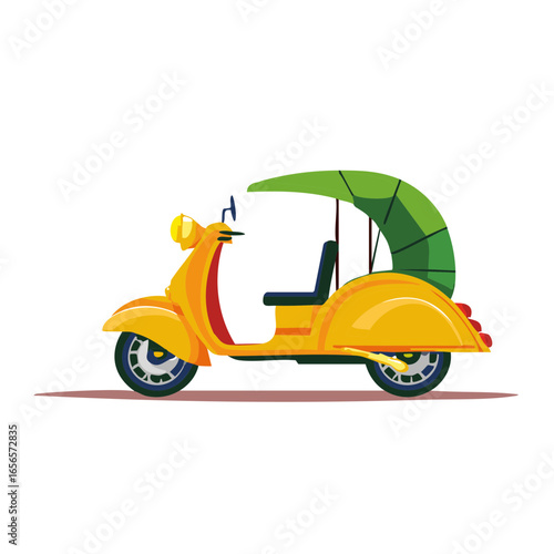 Illustration of a yellow motorized trishaw with green canopy, vehicle for passenger transport.