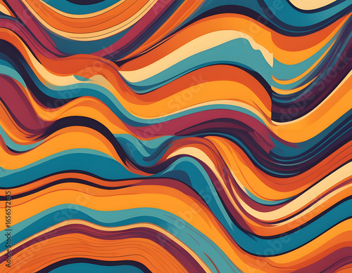 Abstract colorful 70s background vector. Vintage retro wallpaper with rainbow stripes and wavy lines. A 1970 color illustration suitable for posters, banners, decorative items and wall art background