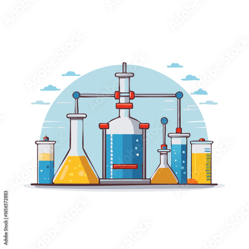Laboratory glassware containing colorful chemical solutions, equipment, and apparatus for scientific experiments
