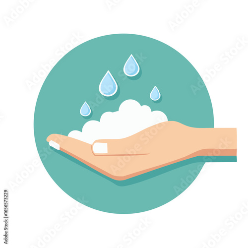 Hand Washing with Soap Bubbles and Water Drops in Graphic Illustration