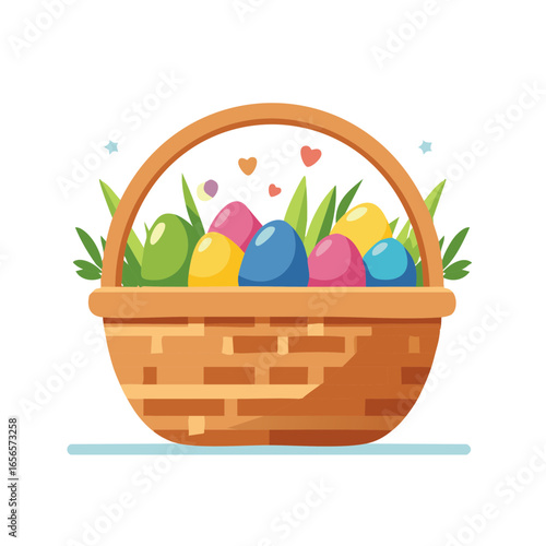 Festive colorful Easter eggs nestled in a woven basket with greenery and whimsical heart shapes