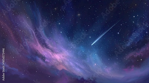 A vibrant night sky filled with swirling nebulae and a shooting star