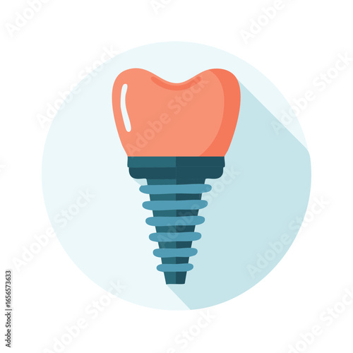 Stylized Illustration of a Dental Implant with Crown on Circular Light Blue Background Symbolizing Oral Health and Dental Care