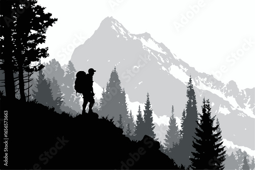 Mountain Hiker Silhouette Landscape Vector

Adventure Hiking Scene with Mountains and Forest

Explorer Standing on Cliff with Pine Trees and Peaks