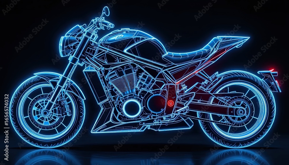 Fototapeta premium A futuristic motorcycle design, highlighted in vibrant blue neon lines, showcasing intricate details and a dynamic profile against a dark backdrop.