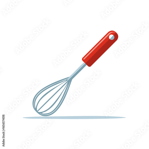 Isolated cooking whisk illustration features red handle and stainless wires for baking or whipping.