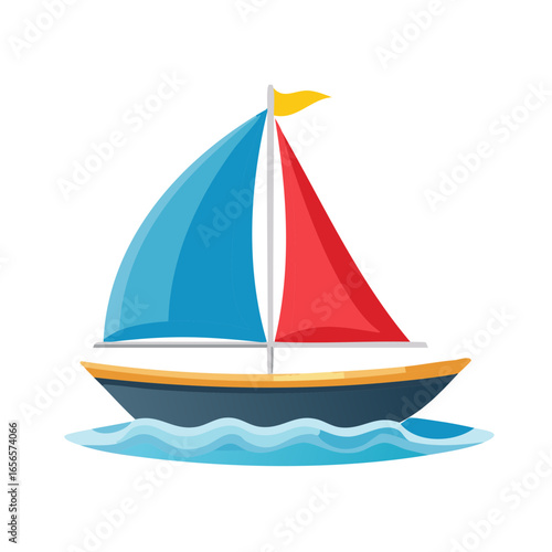 Colorful Cartoon Sailboat Floating on the Water with Waves, Blue and Red Sails, Summer Fun