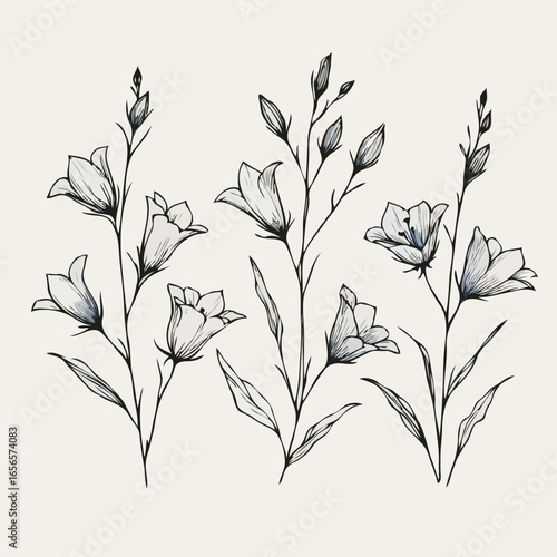 Flower illustration, Campanula Doodle Set. Vector bellflower plants. Line art flowers and Buds Drawing Outline stems, leaves, grasses, bouquet. Elegant Floral Collection Hand Drawn Botanical. 