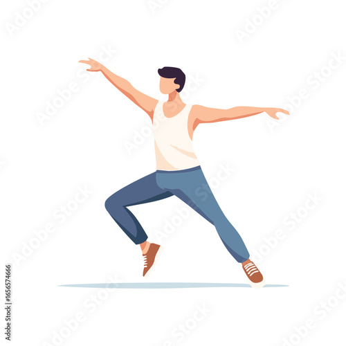 Energetic man in athletic wear stretching and running in dynamic flat vector pose. Expressive athletic movement of a male figure in training.