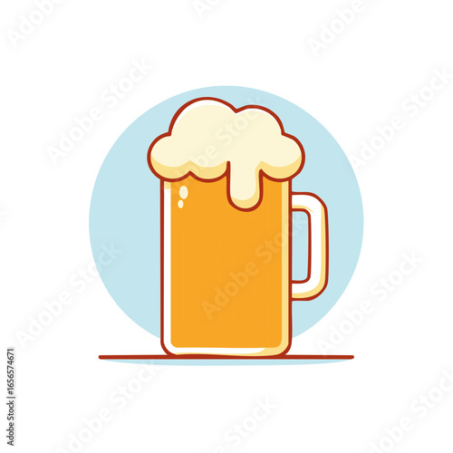 Refreshing Beer Glass Full of Foamy Drink in Cartoon Style, Isolated on White Background