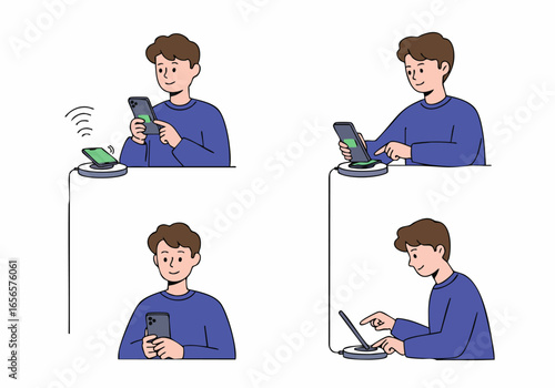 Young man demonstrates wireless charging of smartphone and digital pen, showcasing modern convenience and efficient power solutions.
