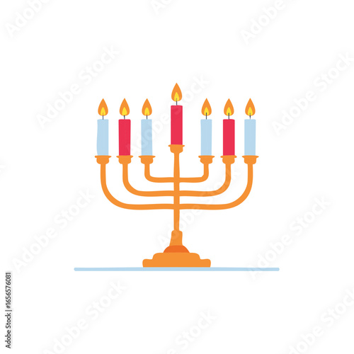 Menorah with lit candles on a white background representing the festival of Hanukkah holiday