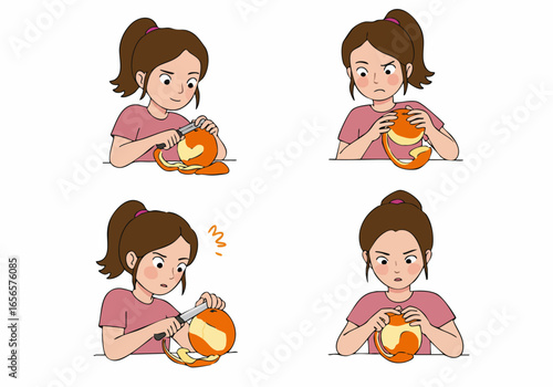 Cartoon woman peeling an orange, illustrating initial ease, growing frustration, and eventual determined effort.