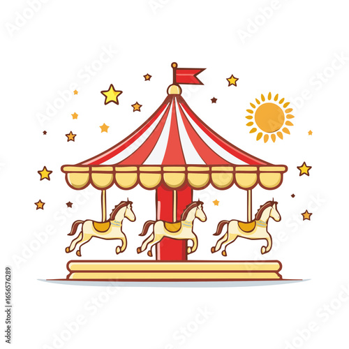 Whimsical Carousel with Horses Stars and Sun Icon in Cartoon Style
