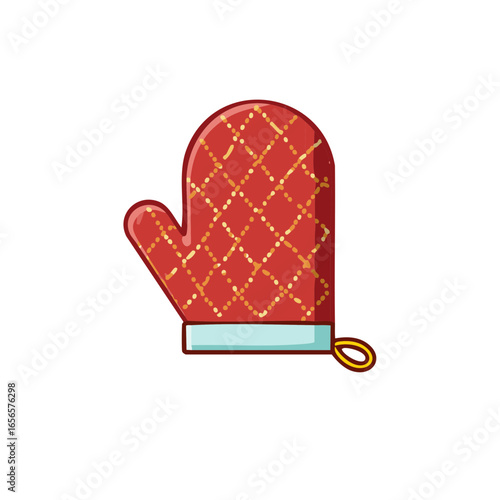 Oven mitt illustration, red quilted potholder with gold design for safe baking and cooking.