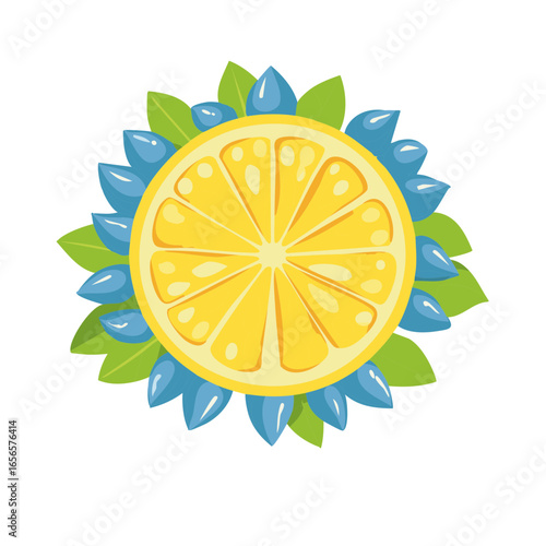 Vibrant citrus slice surrounded by stylized leaves and blue teardrop accents