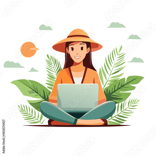 Woman in a hat working on a laptop surrounded by tropical leaves illustration