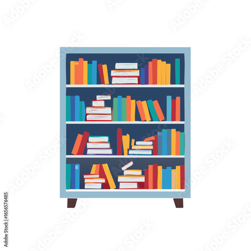 Illustration of a bookcase filled with colorful books and stacks, modern and organized