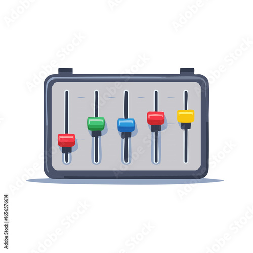 Audio Mixer Panel with Colorful Faders for Sound Production and Broadcasting