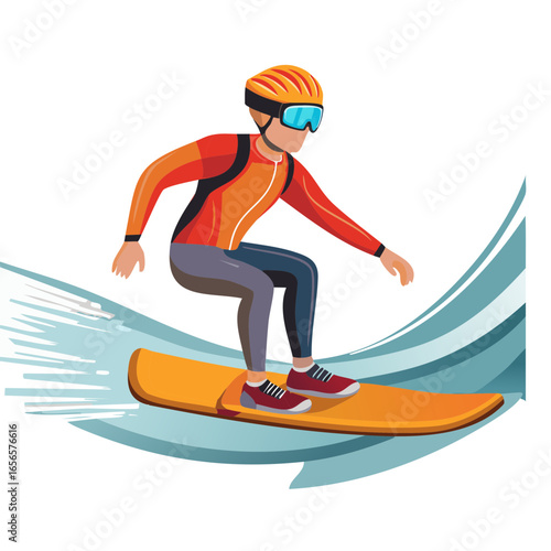 Young Man Surfing on Ocean Wave Wearing Helmet and Goggles Vector Illustration