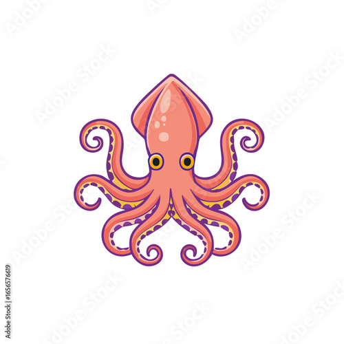 Stylized Pink Squid with Yellow Eyes and Purple Details Facing Front, Illustration