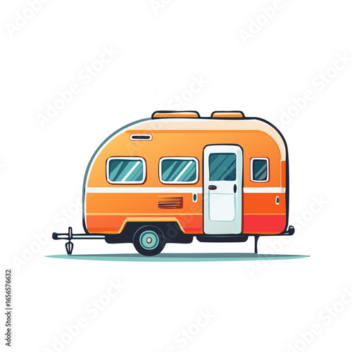 Illustration of a retro style camper trailer with an orange and white color scheme for travel and vacation themed projects