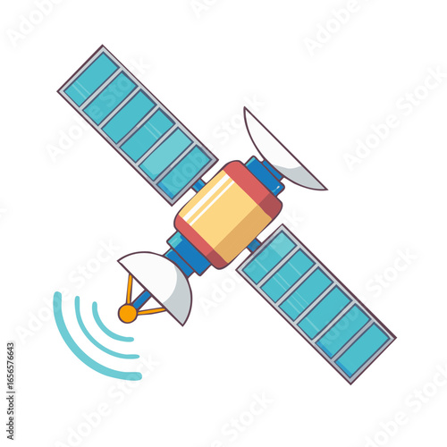 Stylized illustration of a satellite in orbit transmitting a signal, showcasing solar panels and antenna dishes for communication network