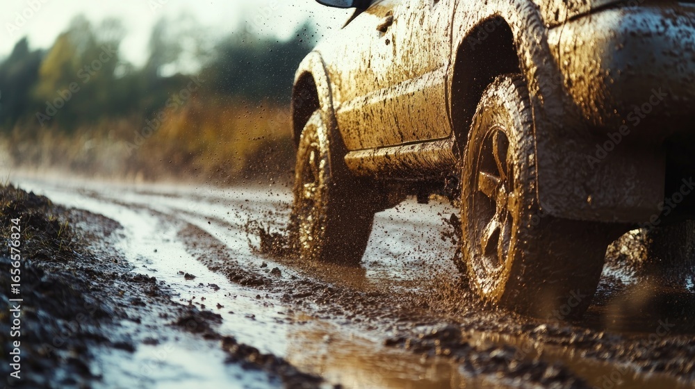Fototapeta premium A muddy off-road vehicle splashes through a wet terrain, showcasing adventure and exploration.