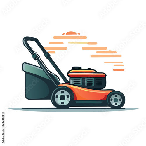 Red Lawn Mower Illustration with Grass Catcher for Garden Maintenance and Landscaping