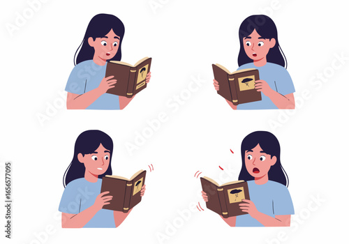 Cartoon Girl Reading a Book with Progressive Shock and Surprise Reactions