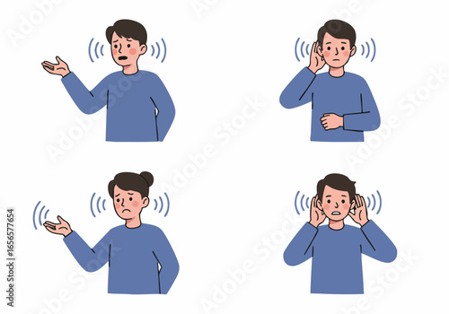 People experiencing noise and hearing difficulties, displaying frustration and discomfort, suitable for concepts of auditory impairment or environmental sound issues.