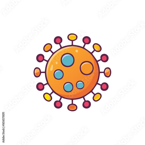 Cartoon Virus Cell Displaying Spikes and Circular Shapes in an Orange, Blue, Yellow and Purple Color Scheme