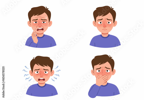 Illustrations of a man experiencing various uncomfortable health symptoms: toothache, illness, headache, and nausea.