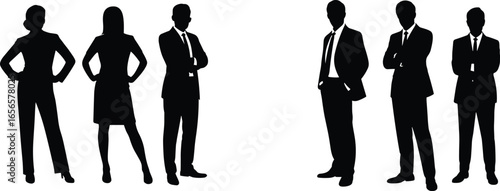 Professional business silhouettes of diverse corporate team members in various confident poses, representing teamwork, leadership, collaboration, and professional office environment