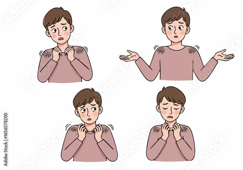 Illustrations of a man with an itchy skin rash, displaying expressions of discomfort, allergy, and uncertainty about his condition.