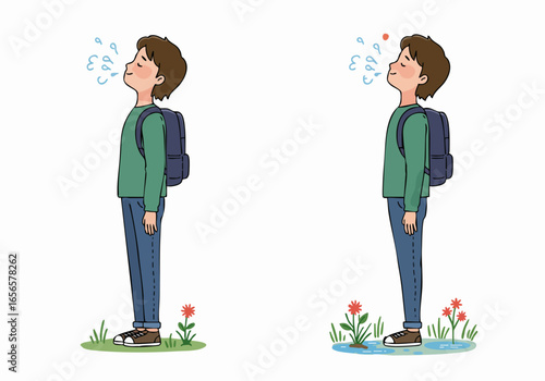 Young man with backpack comparing outdoor comfort with seasonal allergies or environmental discomfort, illustrated.