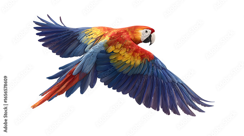 Fototapeta premium flying colorful parrot isolated on white background, HD realistic
