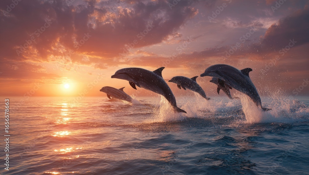 Fototapeta premium Dolphins leaping at sunset