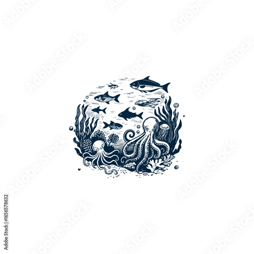 Underwater life scene engraving logo illustration, featuring various sea creatures such as fish, octopus, coral reef, seaweed, seashells, and bubbles
