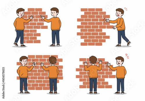 Illustration of men interacting with a brick wall, symbolizing communication barriers, obstacles, separation, and attempts to connect despite challenges in understanding or progress.