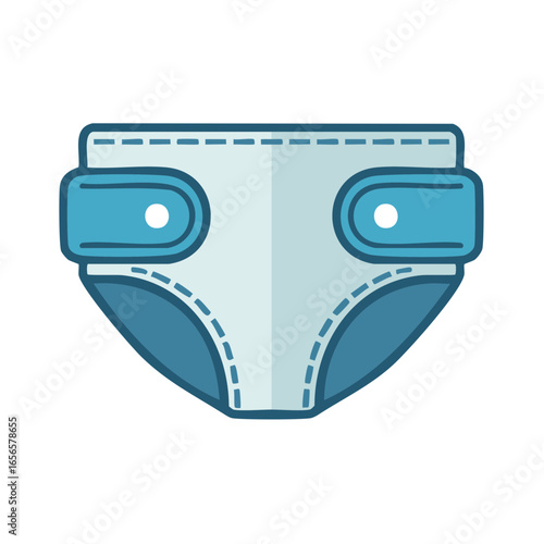 Cartoon style icon illustration of a blue baby diaper with fastening tabs, and light gray center