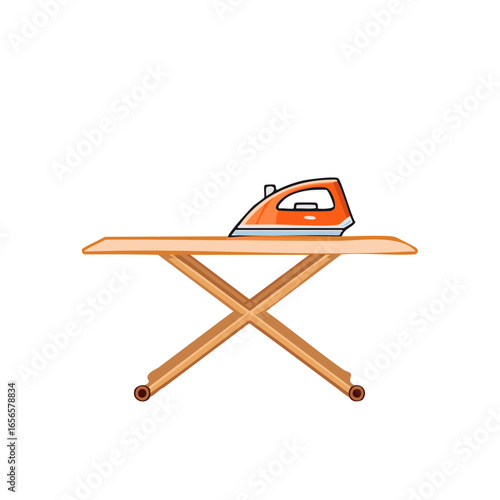 Orange Iron and Ironing Board, Clean Clothes Care, Domestic Tasks, Laundry Day, Illustration