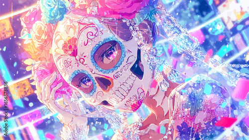 Close up of a woman with calavera makeup and colorful flowers celebrating Day of the Dead