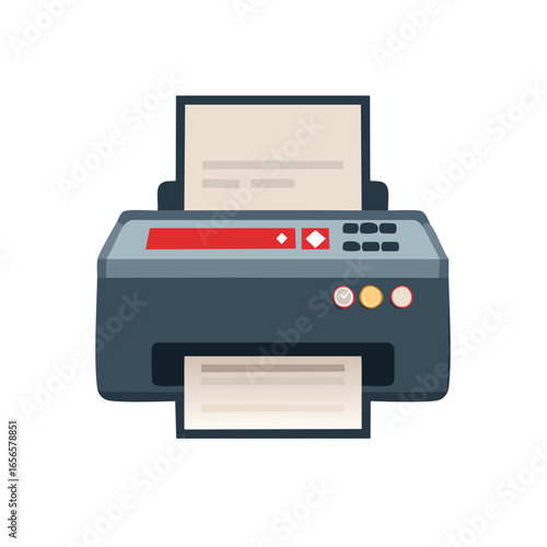 Laser printer prints documents in office, copying machines reproduce papers for document workflow
