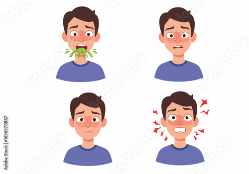 Set of vector illustrations depicting a man with symptoms of sickness: vomiting, nausea, and headache discomfort.