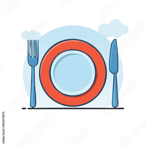 Cartoon Illustration of Meal Setting Plate Fork Knife in Light Blue and Red Colors with Decorative Clouds Overhead