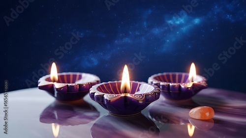 Three diwali oil lamps glowing with a beautiful flame on a reflective surface