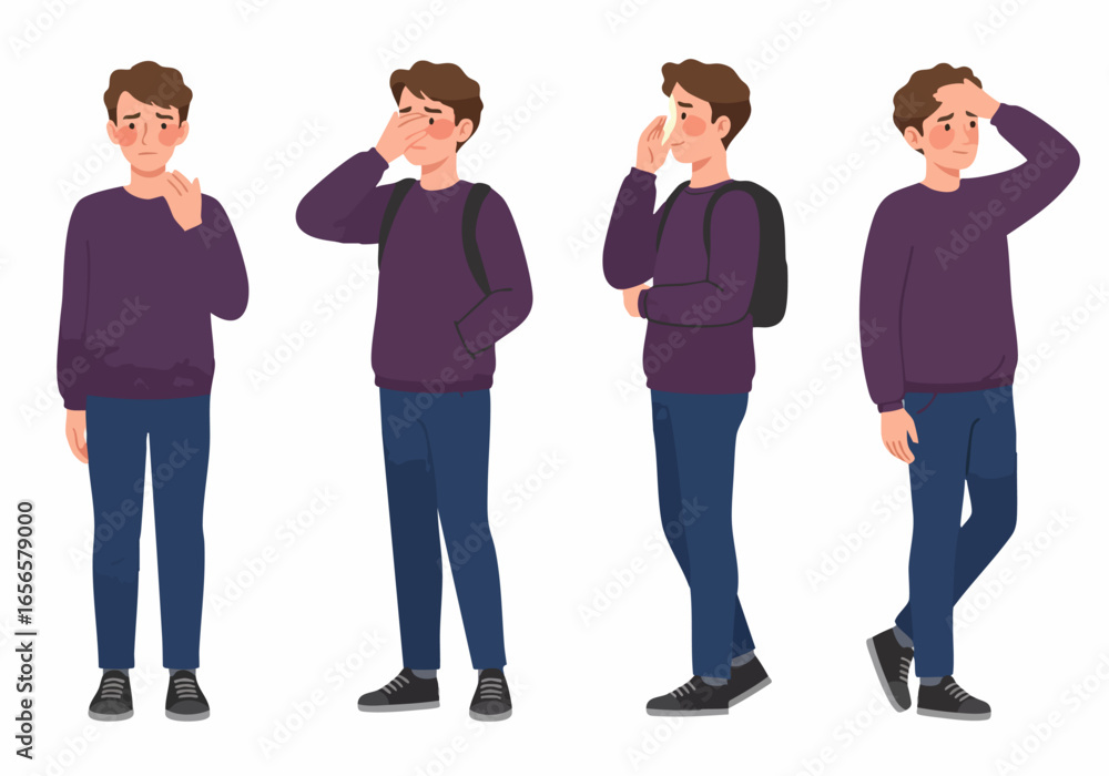 Obraz premium Vector Illustration Set of a Young Man Showing Common Sickness Symptoms like Cold, Flu, and Allergy Discomfort.