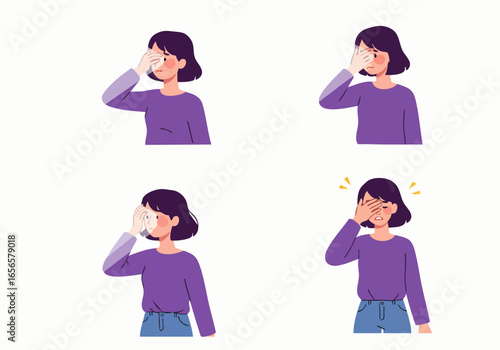 Woman covering eyes from bright light or discomfort, illustrating headache, migraine, eye strain, and sensitivity symptoms.