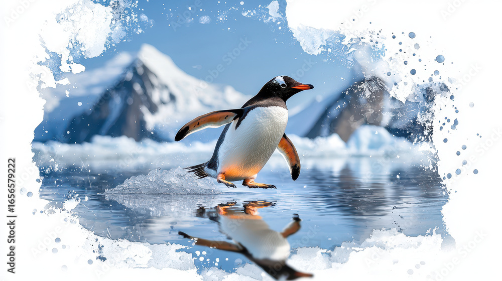 Fototapeta premium Playful penguin glides across icy waters, showcasing its vibrant colors against stunning backdrop of mountains and splashes of watercolor